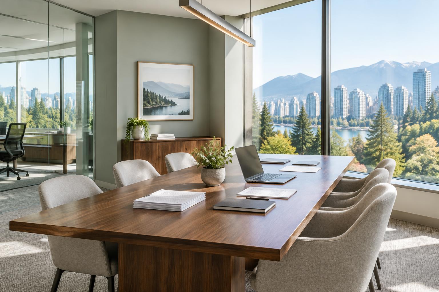 A bright contemporary accounting firm workspace overlooking Vancouver